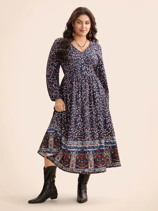 Boho Print Lantern Sleeve Midi Dress