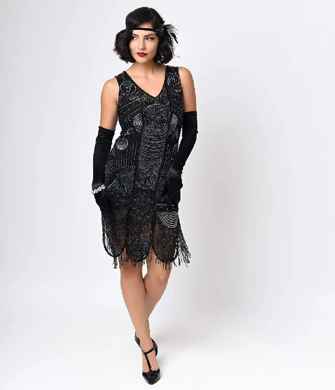 Special Order- Unique Vintage 1920s Style Black Hand Beaded Fringe Bosley Flapper Dress