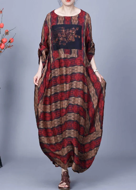 Red Print Pockets Patchwork Silk Long Dresses O Neck Spring