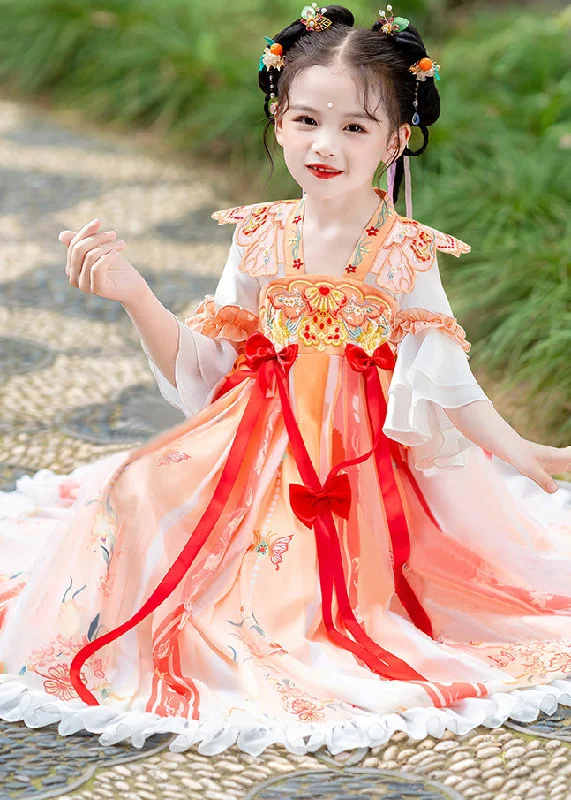 Elegant Orange Embroideried Ruffled Bow Kids Long Dress Summer