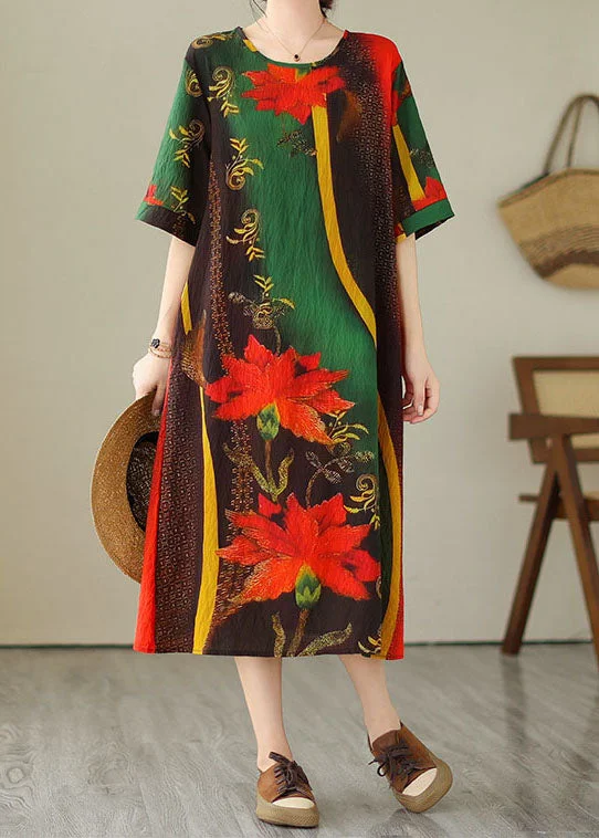 Bohemian Green O Neck Print Patchwork Cotton Dress Summer