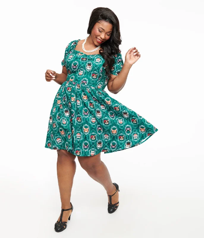 Unique Vintage Plus Size 1950s Teal Cat Print Swing Dress