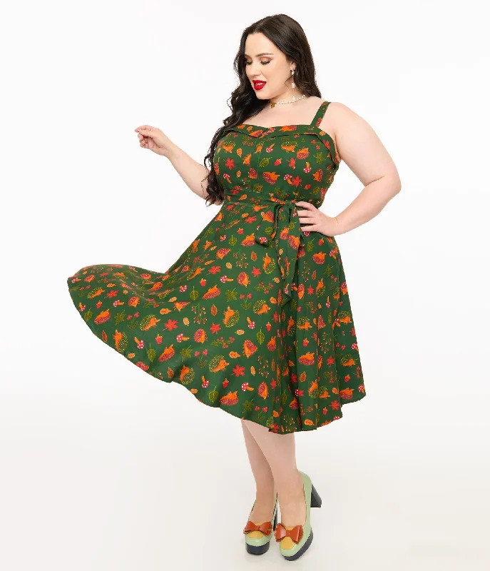 Miss Lulo Plus Size 1950s Green Hedgehog Forest Print Kyla Fit & Flare Dress