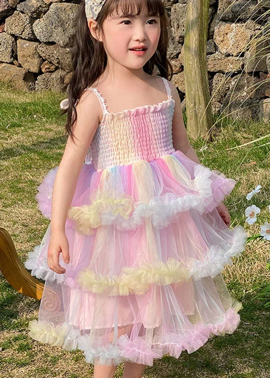 Lovely Rainbow Ruffled Layered Patchwork Tulle Baby Girls Dresses Sleeveless