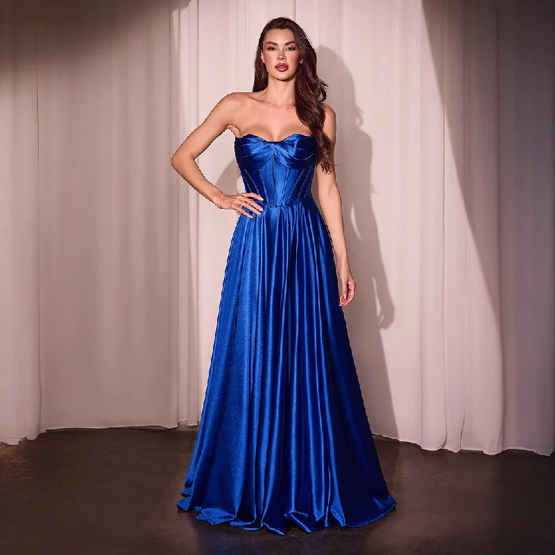 Cinderella Divine Royal Blue Satin Strapless A-Line Slit Prom Dress