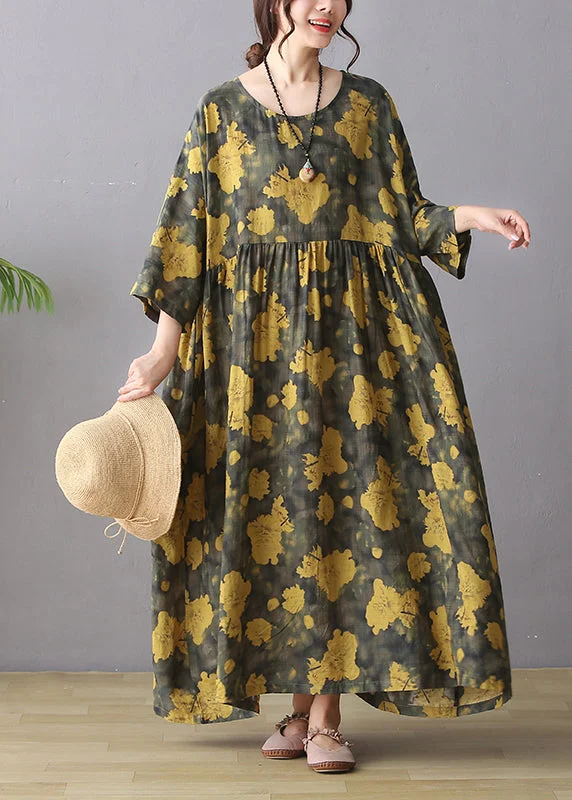 Retro Yellow O-Neck Print Wrinkled Maxi Dress Long Sleeve