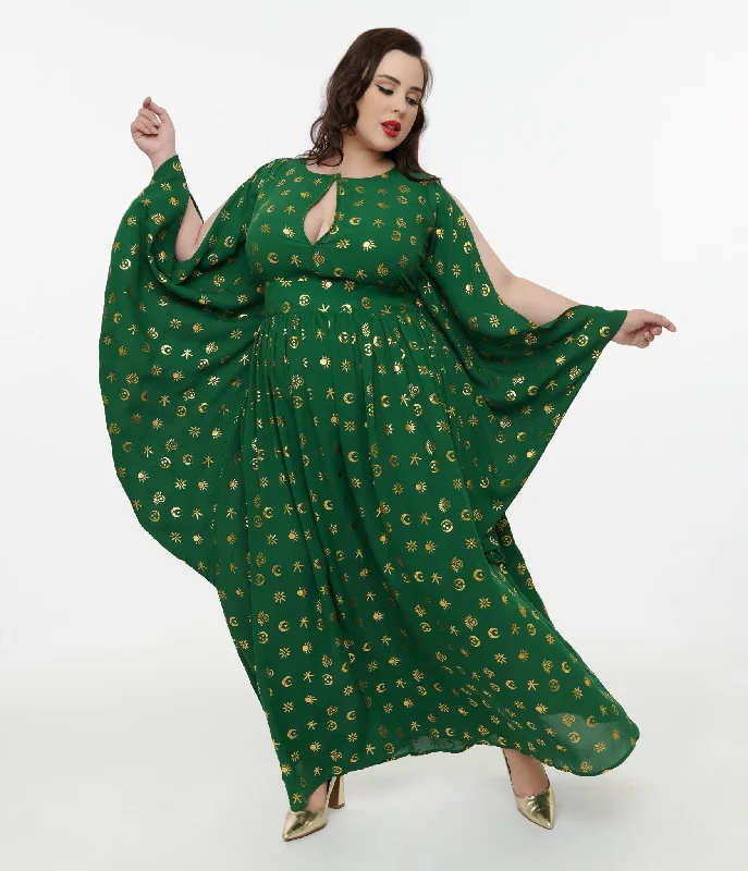 Disney Hocus Pocus Collection by Unique Vintage Plus Size Green & Gold Moon Print Caftan