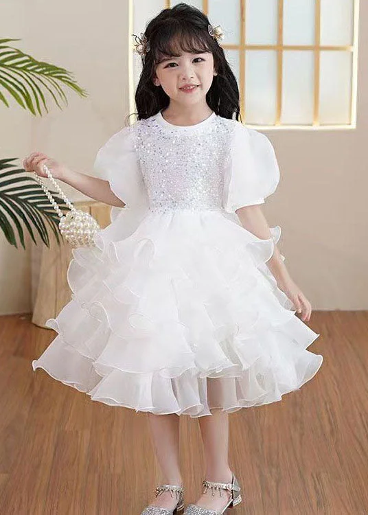 Boutique White Ruffled Sequins Patchwork Tulle Kids Girls Party Dresses Summer