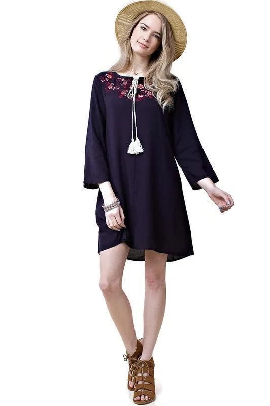 Floral Embroidered Shift Dress, Navy