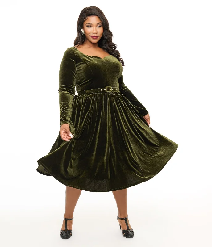 Unique Vintage Plus Size 1950s Dark Olive Velvet Sweetheart Swing Dress