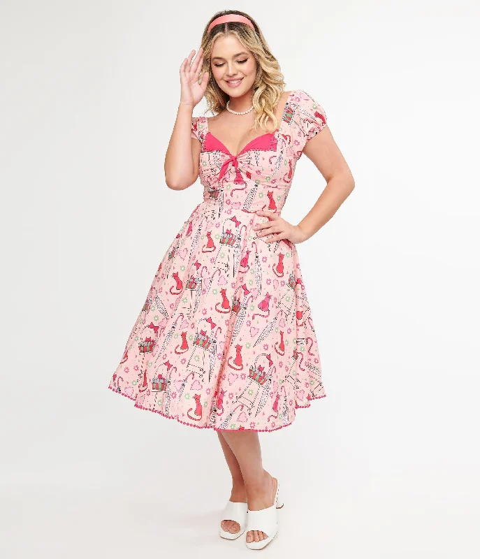 Unique Vintage 1950s Pink Caturday Print Cotton Swing Dress