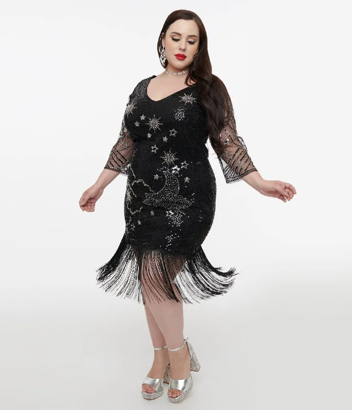 Unique Vintage Plus Size 1920s Black & Silver Moon & Stars Sequin Margaux Flapper Dress