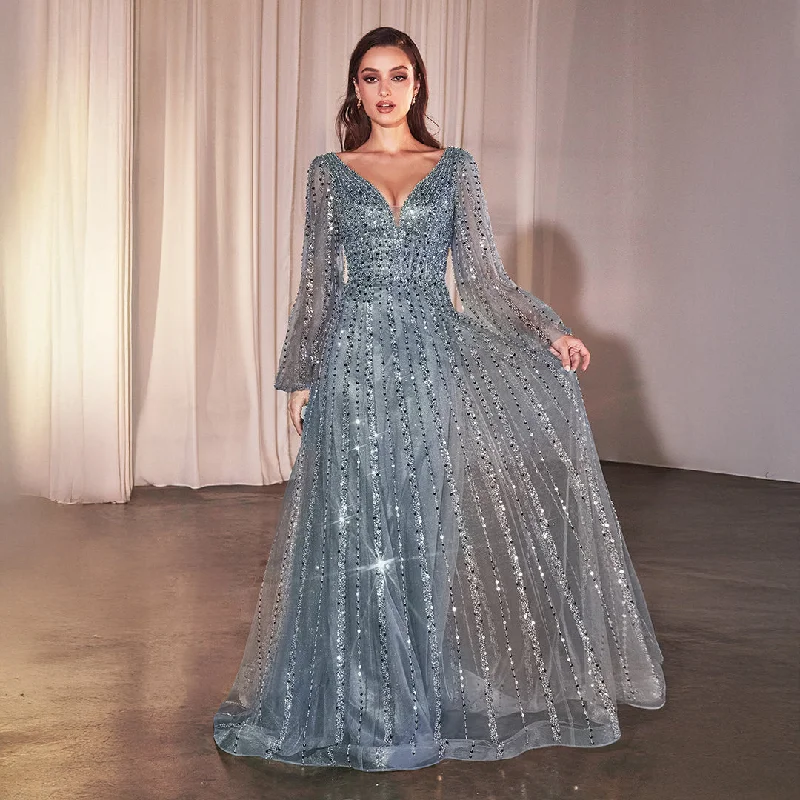 Cinderella Divine Smoky Blue Beaded Long Sleeve A-Line Prom Dress