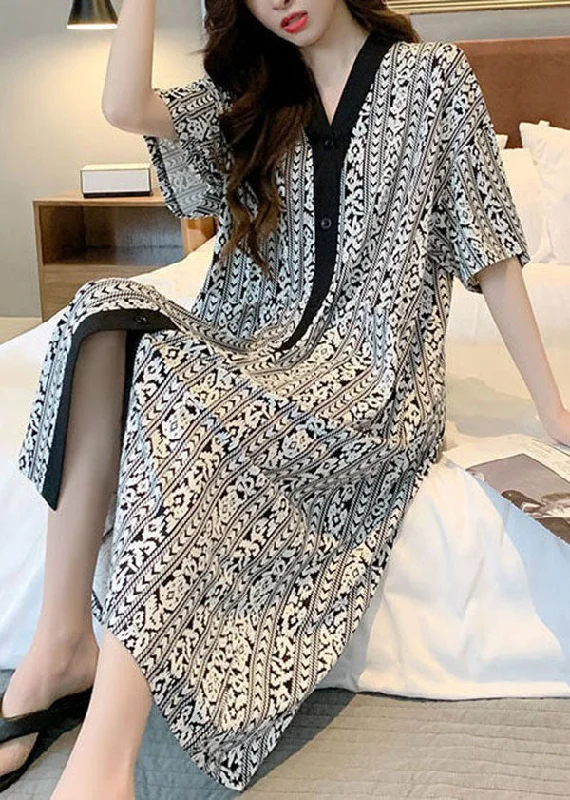 Bohemian Plaid V Neck Patchwork Cotton Pajamas Dress Summer