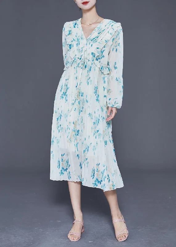 Elegant Blue Ruffled Print Wrinkled Chiffon Party Dress Summer