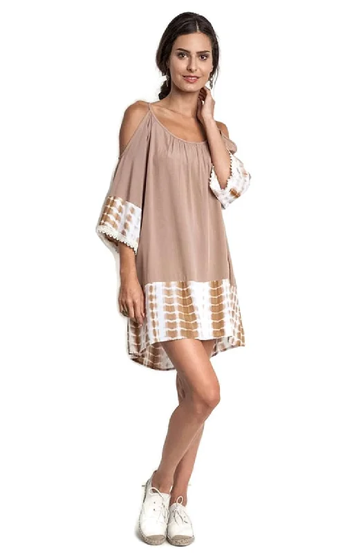 Tie Dye Cold Shoulder Tunic Dress, Taupe