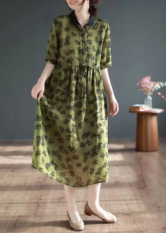 Organic Green Peter Pan Collar Print Button Long Dresses Short Sleeve