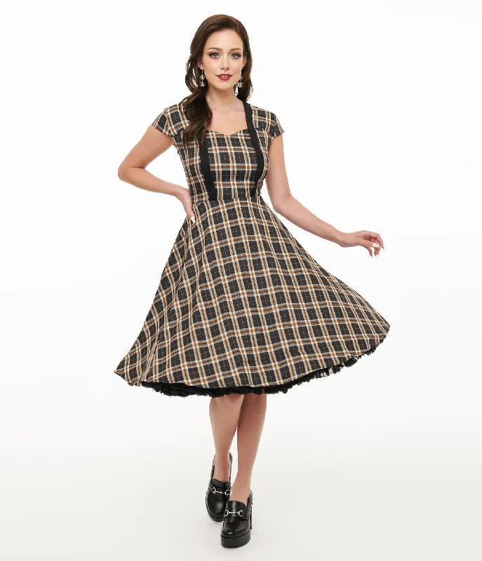 Orchid Bloom 1950s Black Plaid Swing Dress