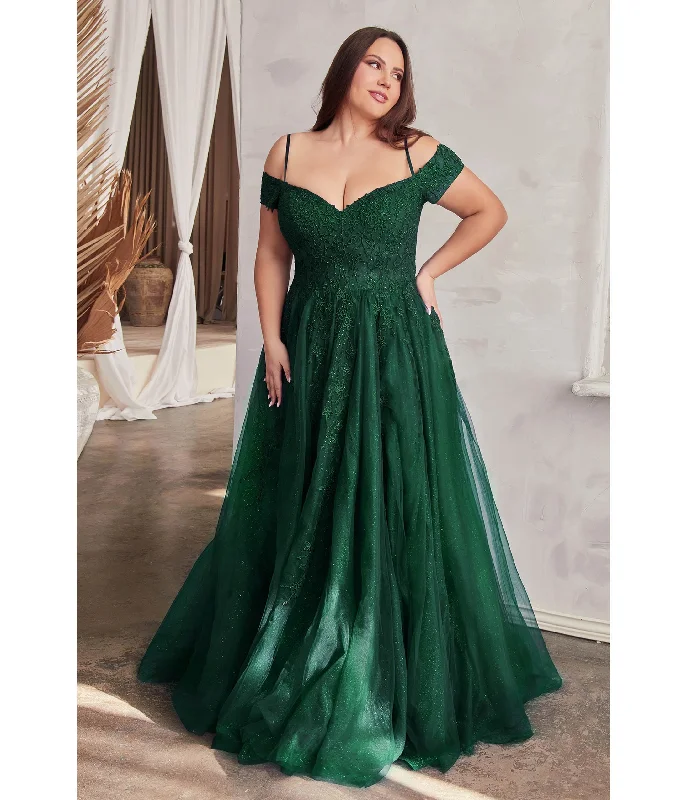 Cinderella Divine Plus Size Emerald Glitter Tulle Off The Shoulder Applique Slit Gown