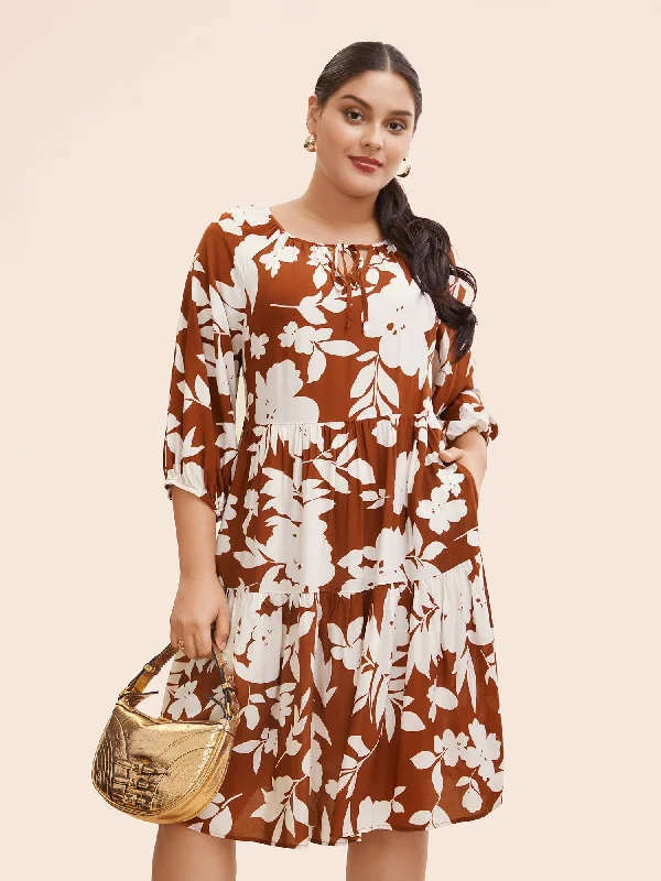 Silhouette Floral Print Knot Neck Lantern Sleeve Dress