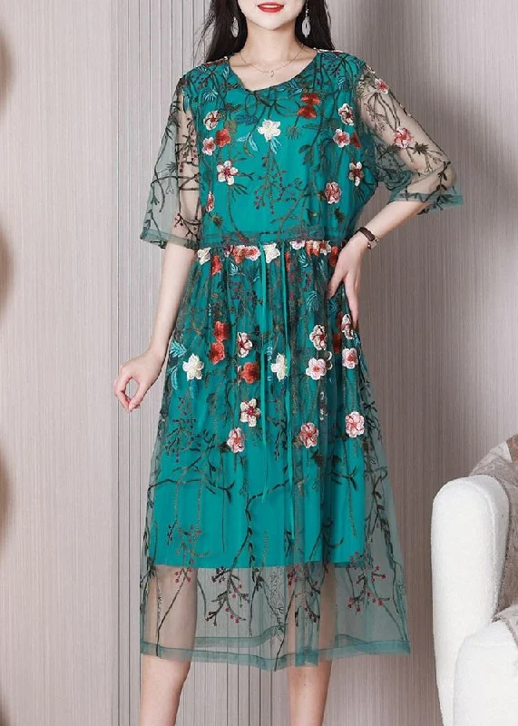 Elegant Green Embroideried Floral Tulle Holiday Dress Summer