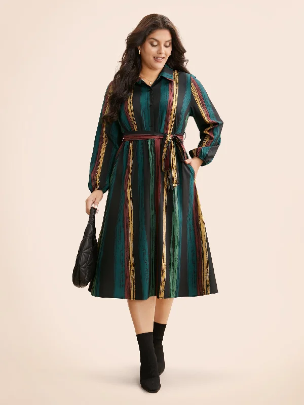 Colored Striped Belted Lantern Sleeve Dress