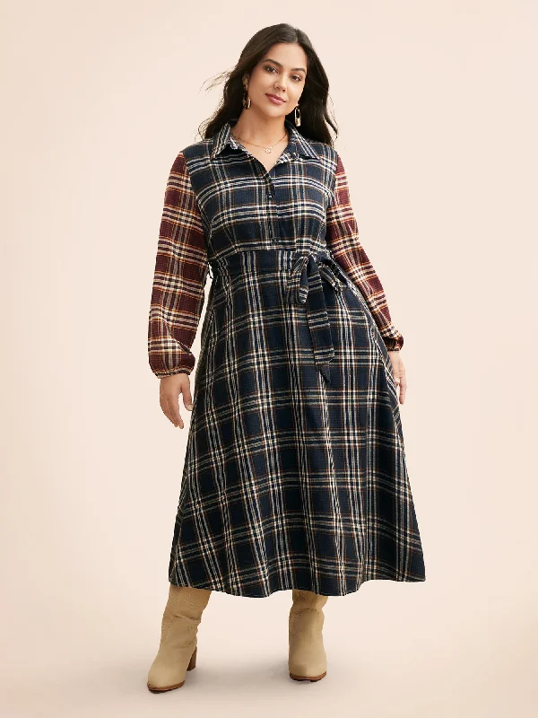 Shirt Collar Plaid Contrast Belted Dress