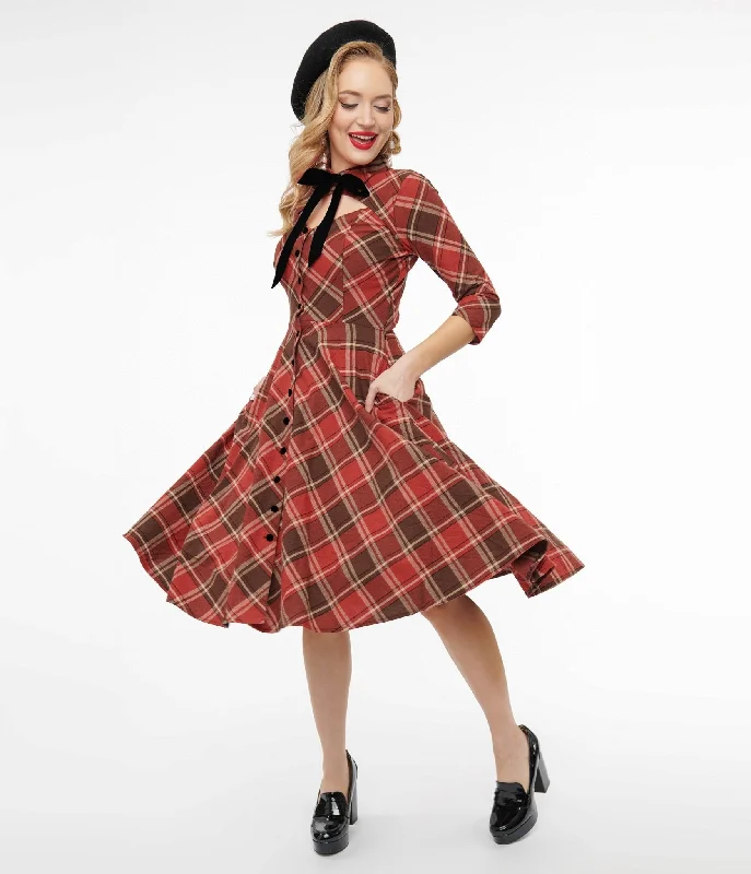 Unique Vintage 1950s Red & Brown Bias Plaid Swing Dress