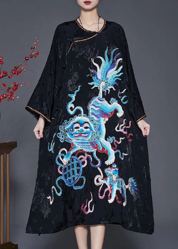 Fine Black Embroidered Jacquard Silk Dresses Spring