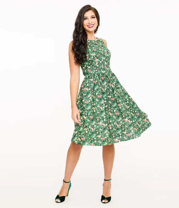 Retrolicious 1950s Green Holiday Cat Print Cotton Swing Dress