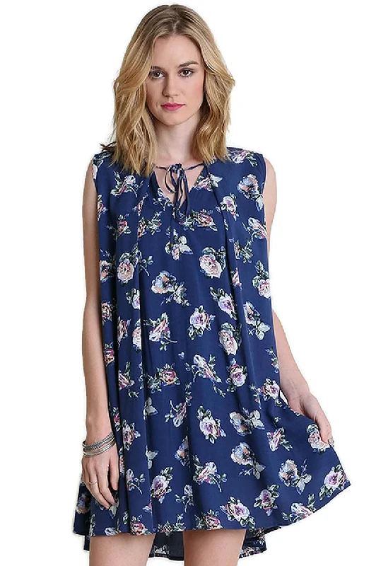 Floral Keyhole Sleeveless Dress, Navy