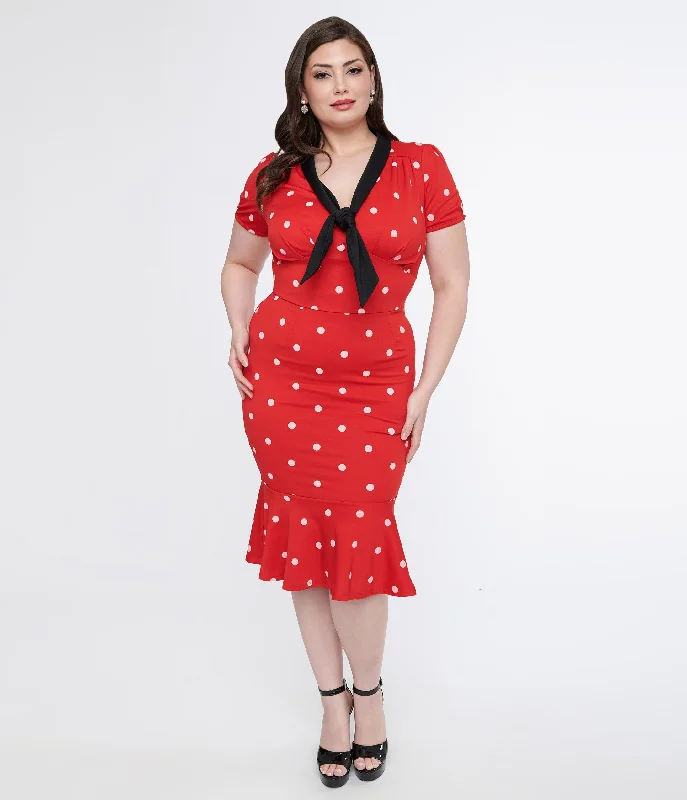 Unique Vintage Plus Size Red & White Polka Dot Neck Tie Wiggle Dress