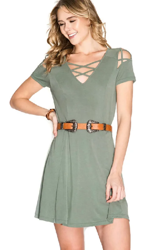 Criss Cross Modal Cupro Swing Dress, Ash Olive