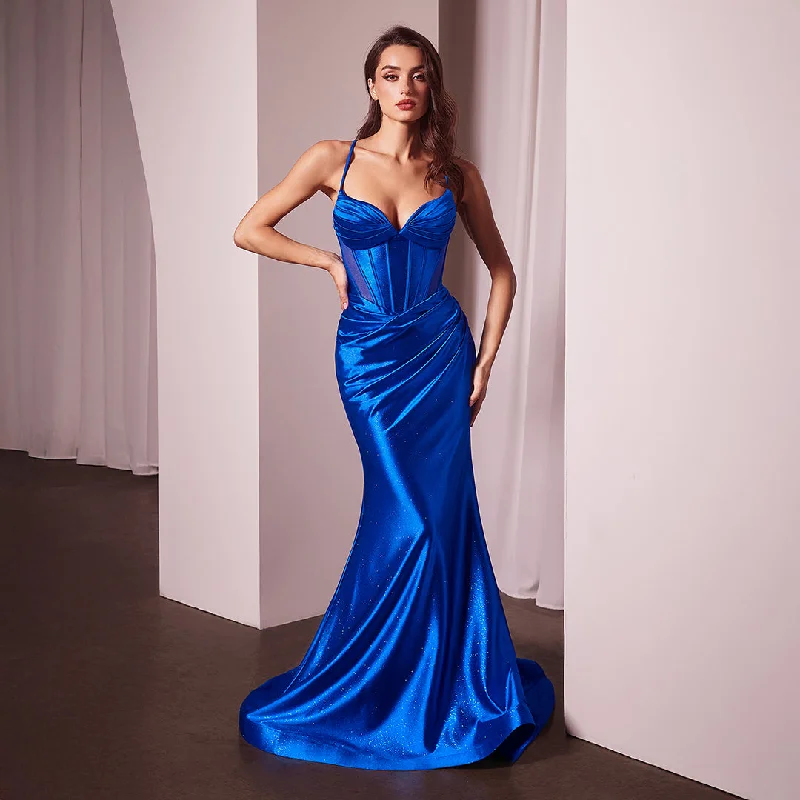 Cinderella Divine Royal Blue Glitter Satin Prom Dress