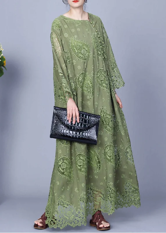 Loose Green Embroidered Button Cotton Maxi Dress Long Sleeve