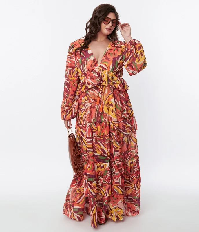 1970s Orange & Multicolor Leaf Maxi Dress