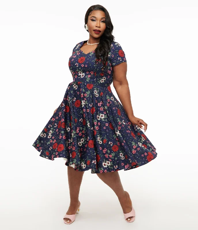 Hell Bunny Plus Size 1950s Navy Blue & Red Floral Camellia Midi Dress