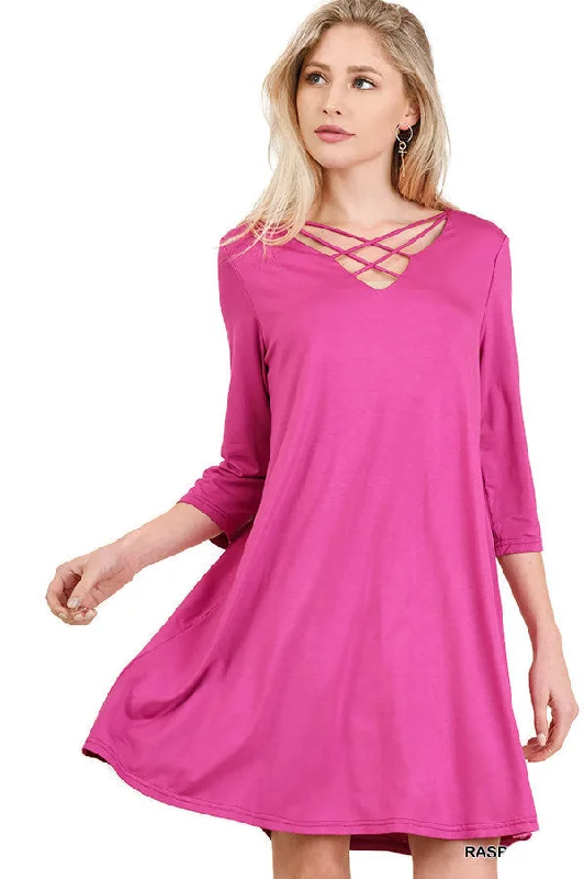 Casual Crossed Neck Shift Dress, Raspberry