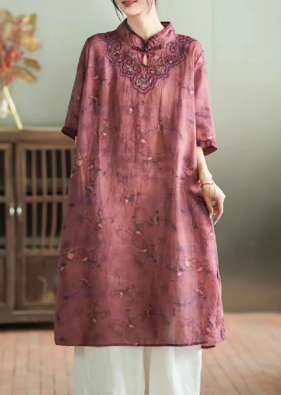 Chic Purple Stand Collar Embroideried Button Linen Long Dress Half Sleeve