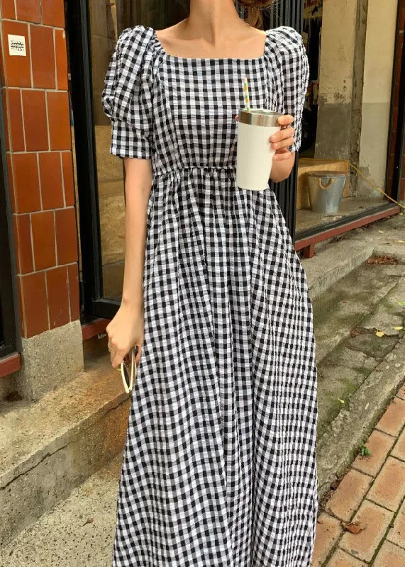 Stylish Black Square Collar Plaid Patchwork Cotton Dress Summer