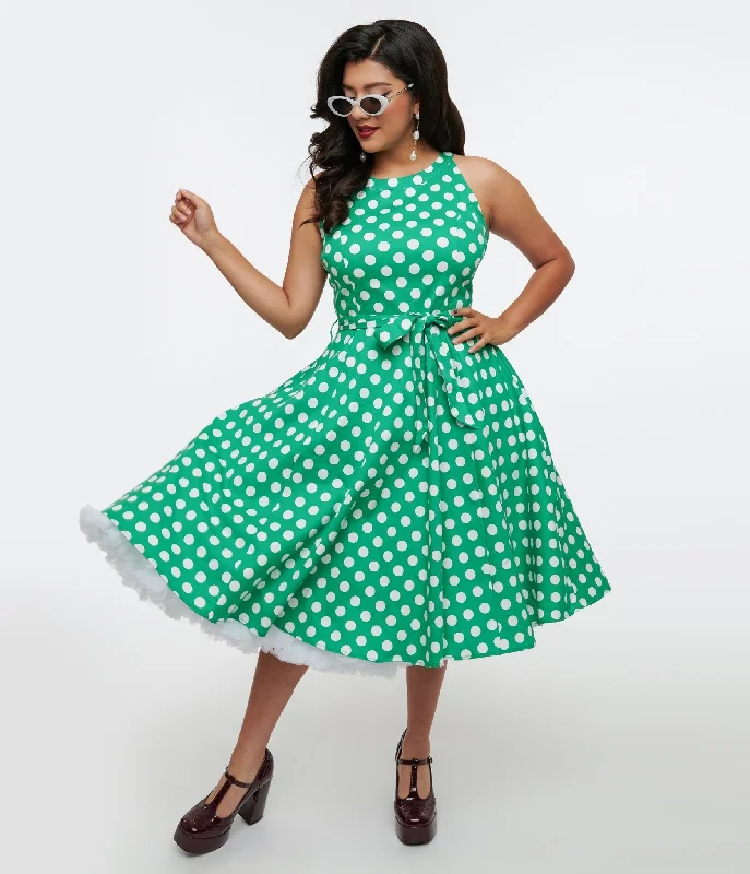 1950s Green & White Polka Dot Tie Swing Dress