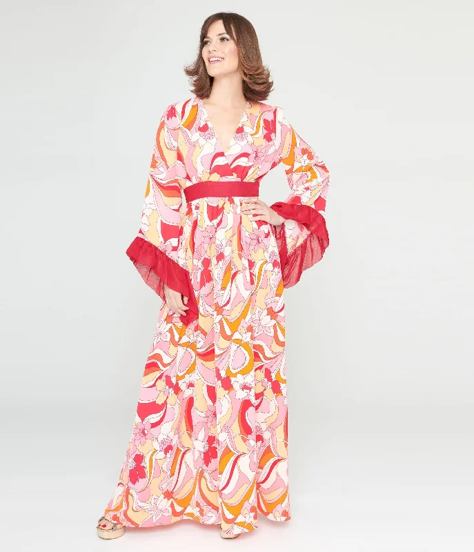 Unique Vintage 1970s Pink & Red Psychedelic Floral Maxi Dress