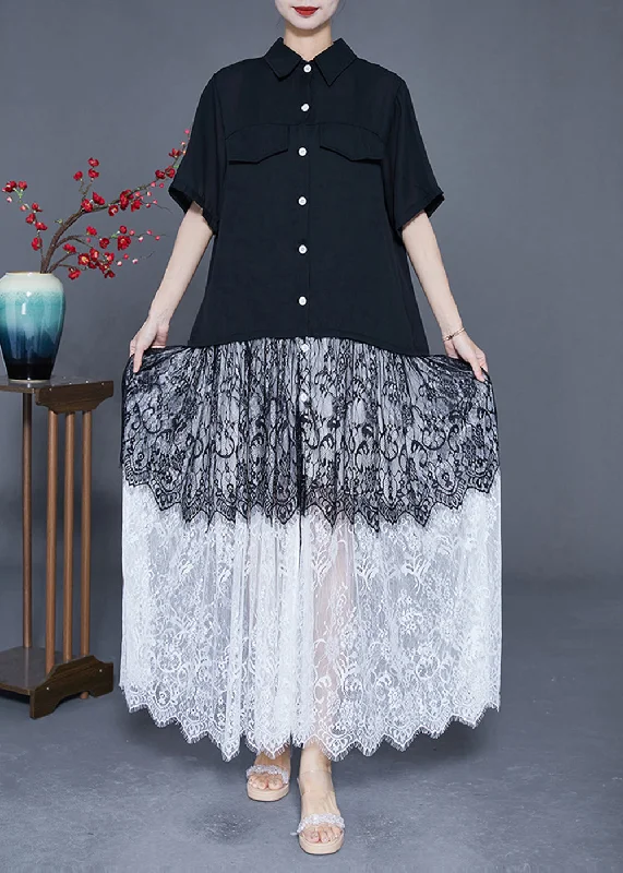 Style Black Peter Pan Collar Lace Patchwork Chiffon Long Dress Summer