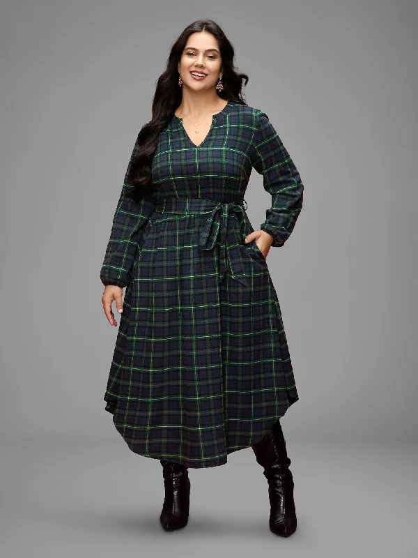 Notched Collar Plaid Pattern Belted Midi Dress