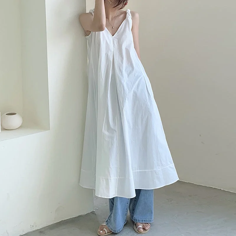 Julia Fashion - Solid Simple Low V-Neck Summer Dress