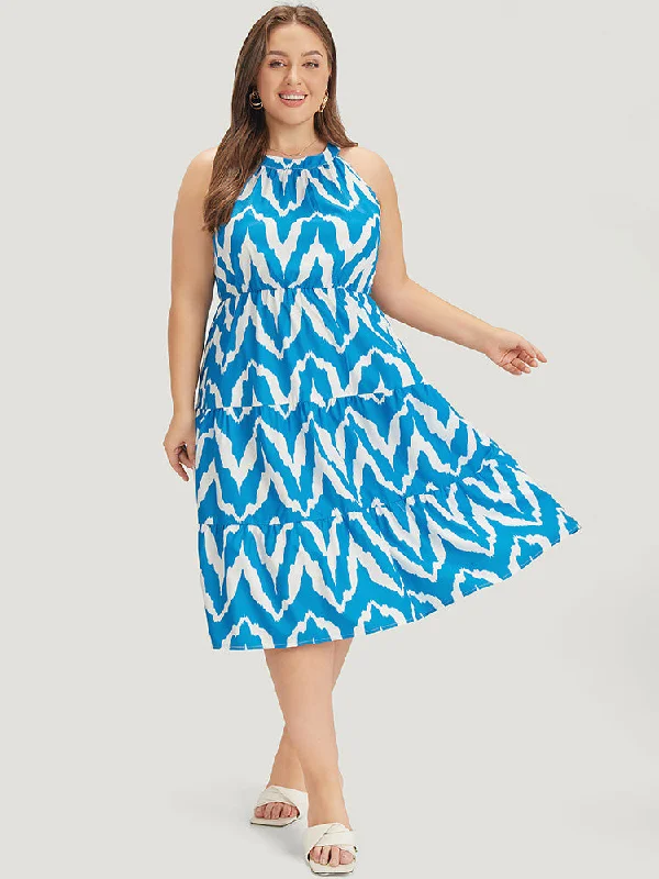 Geometric Print Halter Pocket Ruffle Tiered Dress