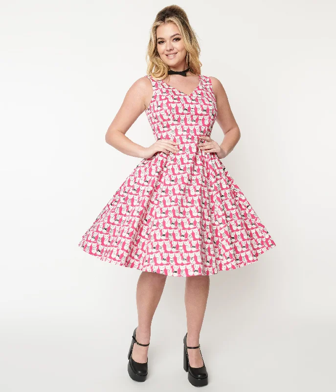 1950s Style Hot Pink Cat Print Sleeveless Swing Dress