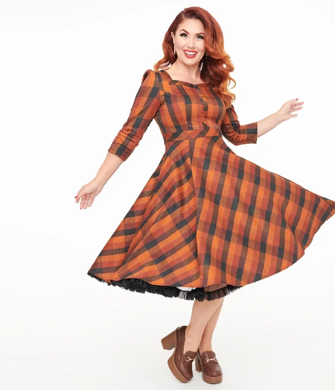 Hearts & Roses Brown & Orange Check Caitlin Swing Dress