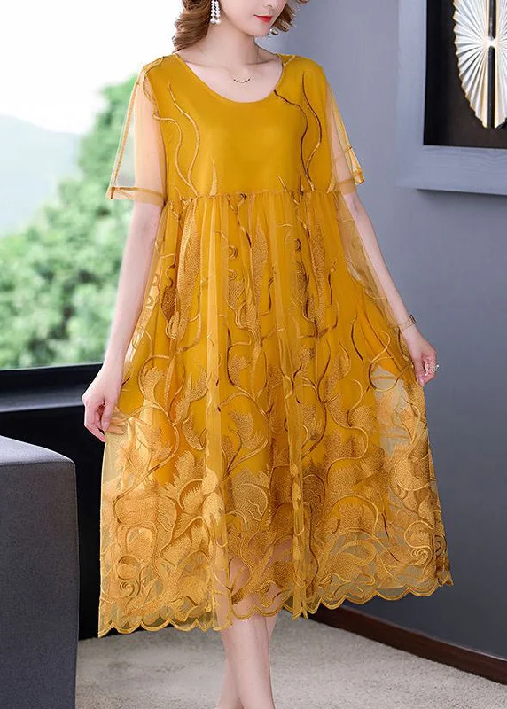 Boho Yellow Embroideried Hollow Out Tulle Dress Summer