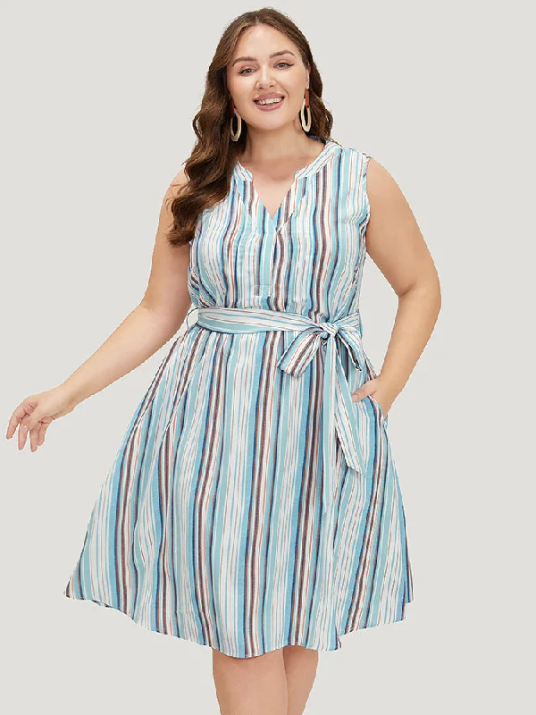 Striped Contrast Belted Pocket Notched Tank Dress